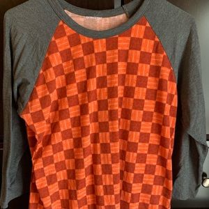 Lularoe Randy tee, 3/4 sleeve, orange, red print with grey sleeves. Size M